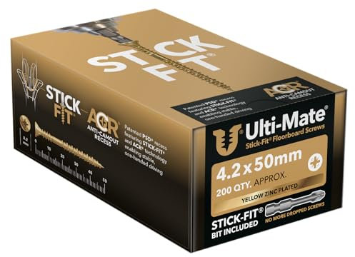 Ulti-Mate FB42050 Stick-Fit Floorboard Screws - 4.2 x 50mm - Box of 200, Zinc & Yellow