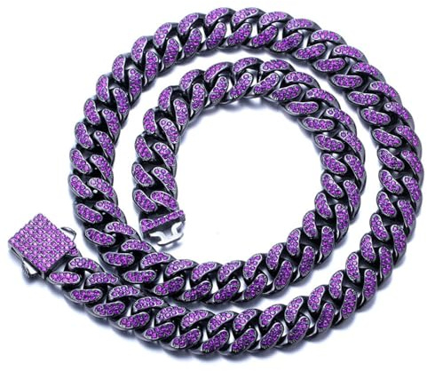 HALUKAKAH Collier de Chaîne Cubaine en Diamant pour Hommes - Améthyste Violette Sertie à la Main - Plaqué Rhodié Noir - Largeur 13mm Longueur 50cm - Avec Boîte Cadeau