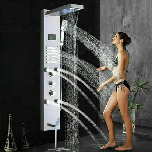 Huin Colonne de douche système de tour de panneau de douche nickel brossé LED buse de massage pluie robinet colonne de douche