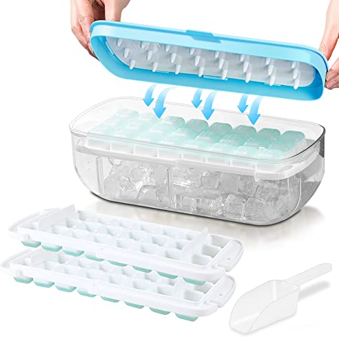 Ice Cube Tray with lid, Food-Grade Silicone Moulds, Release All Ice Cubes in One Second, Reusable 48 Ice Cube Tray(Blue)