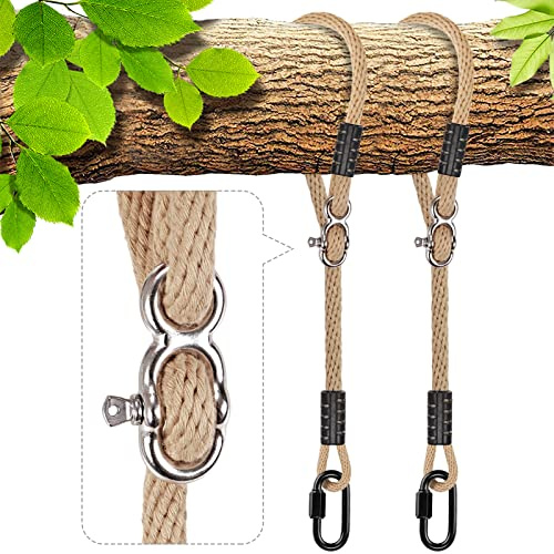 BeneLabel 2pcs Swing Rope, 200cm Hammock Strap Adjustable Polyester Extension String with Carabiner for Hanging Chair Tree Beam Playground Set Suspension Kit, 1000lbs / 10mm Diameter, Natural Tricot