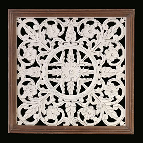 Gall&Zick Wandornament aus Holz, Wanddeko handgeschnitzt im Shabby Chic Look, 60cm x 60cm, Wandbild zum hängen, orientalisch, Wandpaneele holz Mandala (CL-3012)