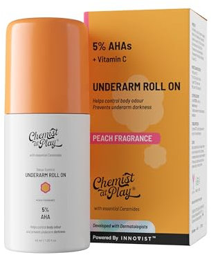 Chemist at Play UnderArm Roll-On with 5% AHA| Lactic & Mandelic Acid|Prevents Odour, Brightens Skin & Exfoliates Underarm | For Sensitive Skin | Peach Fragrance | Alcohol & Aluminium Free | 40 ml