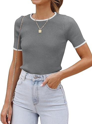 ZESICA Women's Short Sleeve Sweater Tops 2026 Summer Crewneck T Shirt Ribbed Knit Slim Fit Basic Solid Color Tee, Darkgrey, S