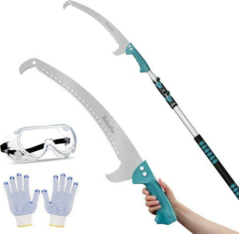 TelesPro Extendable Tree Trimmer: Manual Pole Saw | 5-12ft Telescoping Pruning Pole for Tree Trimming | Saw Attachment, Safety Goggles, and Gloves Included | Trim Branches up to 2 Diameter