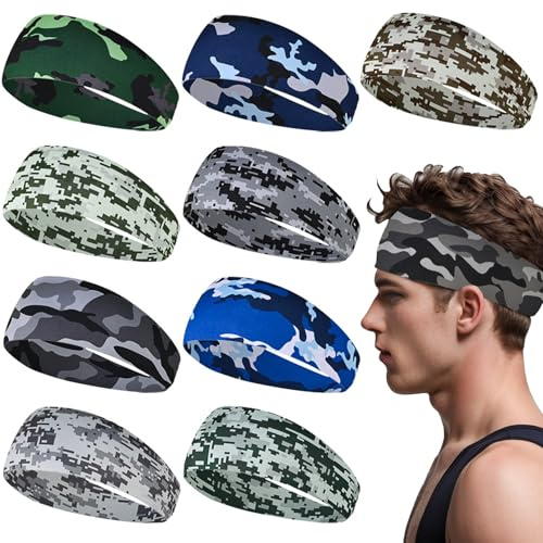 Sports Headband Pack of 9 - Wide Stretchy Sweatbands for Men, Running, Cycling, Football, Basketball, Yoga, and Workouts
