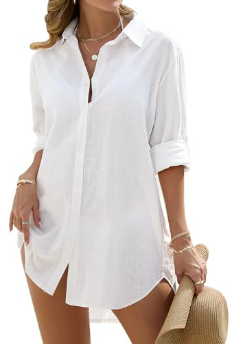RITOSTA Copricostume Donna Mare Sexy Camicia in Cotone Camicione Estiva Abiti Lunghi Copribikini Vestiti Mare Corti Spiaggia Camicetta Costume da Bagno Bikini Cover Up Bluse per Spiaggia (Bianco,S)