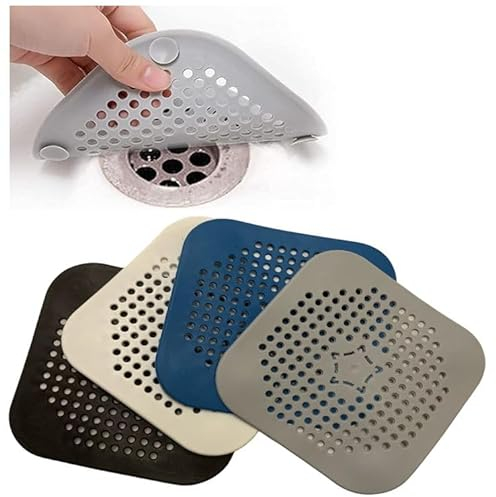 4 Stück Abflusssieb Silikon, Abflusssieb, Abflusssieb Dusche Haarfänger Badewanne Abflussabdeckung, Abflusssieb für Badezimmer und Küche mit Saugnapf (1x weiß, 1x grau, 1x blau, 1x schwarz je Set)