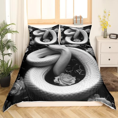 Castle Fairy 3D Snake Bedding Set Flowers Leaves Wild Animal Comforter Cover Rustic Farmhouse Style Duvet Cover Room Decor Black and Gray Bedspread Cover Full Bedding Collection 3Pcs,No Comforter