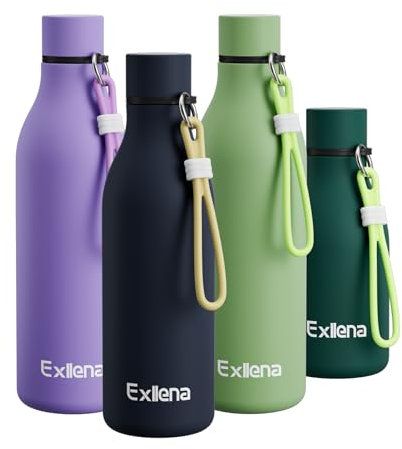 Exllena Metal Water Bottle 500ml with Silicone Strap, Double Wall Vacuum Insulated Water Bottles Keeps Drinks Cold 24 Hrs/Hot 12 Hrs, Stainless Steel Water Bottle BPA Free(Navy Blue)