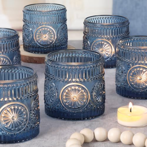 6Pcs Large Votive Candle Holders Blue Glass Tealight Candle Holders