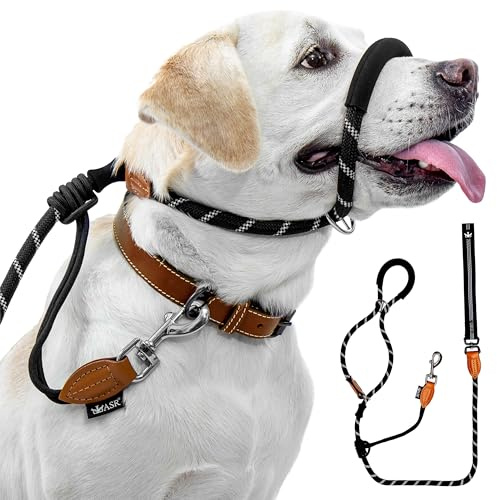 Figure of 8 Slip Lead Anti Pull Heavy-Duty L-XL for Large Dogs & Strong Medium Breeds, Robust Reflective Training Leash with Stopper, Safety Clip, Neoprene Nose Padding and Real Leather Joints by LASR