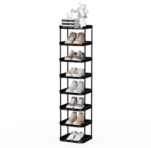 Altdnmaf 8 tier Narrow Shoe Storage Rack, Compact Single Shoerack Stand for Slim Space, Stackable Tall Thin Show Tower, Solid Plastic Shelves, for Hallways, Kitchens, Bedrooms Tidy Organizer, Black