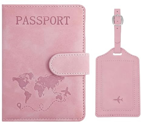 YEVON Pink Passport Holder with Luggage Tag – PU Leather Passport Cover with RFID Blocking – Portable Travel Wallet for Women Family Business Trip Card Holder Set