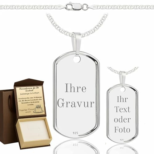ZELYA Chaînes pour homme en argent 925, cadeaux personnalisés pour homme, plaque d'identification avec gravure, bijou militaire, plaque militaire pour chien, 50 cm, Argent, Pas de pierre précieuse