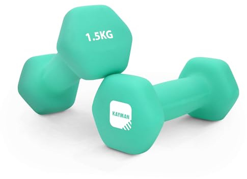 KAYMAN Neoprene Dumbbells Pair with Anti-Slip Grip,Hex Edges,Water-Resistant Surface & Workout Poster-Weight Set for Home, Gym & Fitness (1kg 1.5kg 2kg 3kg 4kg 5kg 6kg 7kg 8kg 9kg 10kg) (2 x 1.5 Kg)