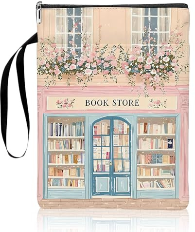 Pink Bookstore Book Sleeve Protector Book Cover, Double-Sided Printed Polyester Books Pouch Bag with Zipper and Additional Pocket, Gifts for Book Love