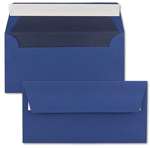 50x Briefumschläge DIN Lang 11 x 22 cm gerippt in Dunkelblau gefüttert mit blauem Seiden-Papier 110 g/m² Haftklebung