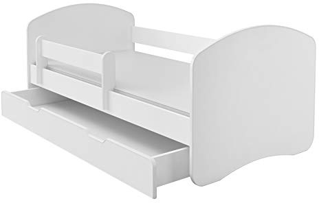 ACMA Kinderbett 180x80 cm Weiß mit Matratze und Lattenrost - Juniorbett mit Rausfallschutz, Belastbar bis 120 kg,Variante mit Schublade