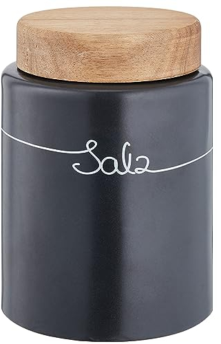 KHG Salz Aufbewahrung Keramik Steingut poliert, Anthrazit Grau Holz-Deckel Bambus, Salzdose luftdicht rund & mit Beschriftung, Vorratsdose Salz Höhe 16 cm & 11,5 cm