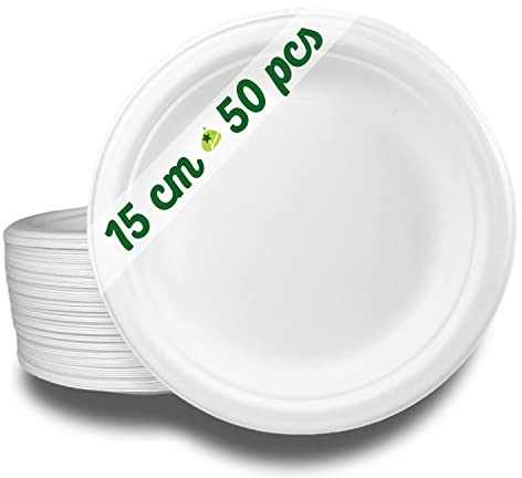 GoBeTree 50 platos desechables de caña de azúcar redondos de 15 cm blancos. Platos papel desechables extrafuertes, Para camping, picnic, fiestas, barbacoas, cumpleaños.