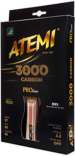 Atemi Pro 3000 Raqueta De Tenis De Mesa De Carbon - Control & Poder Superior | Goma Aprobada por La ITTF | Hecho De Maderas Exóticas, Naturales, Sin Tinte | Mangos, Colores Y Empaques ACTUALIZADOS