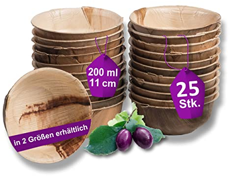 Waipur 25 Cuencos Desechables de Hoja de Palma Orgánicos - 11 cm/ 200 ml - Vajilla Ecológica Elegante - Estable, Natural y Compostable - Menaje para Aperitivos o Fiestas - Estilo Madera