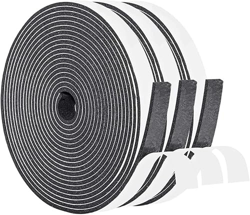 Draught Excluder Self Adhesive Foam Tape 12mm(W) x 3mm(T) Window Door Weather Stripping SoundProof Weather Strip Tape Seals for Gap Seal, 3 Rolls, Total 15M Long Black