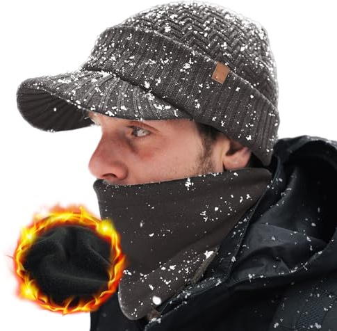 TOP-EX DryKnit™ Merino Wool Peaked Beanie Hat Men with Waterproof Fleece Lined, Winter Hats for Women with Thermal Snood Fleece Neck Warmer Grey XL/XXL