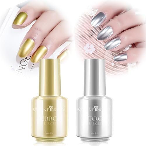 Mirror Nail Varnish-Metal Gold Silver Nail Polish-Metallic Mirror Effect Nail Polish Set - Long Lasting Quick Drying No UV Needed Non-Peelable Christmas (Gold Silver, 1)