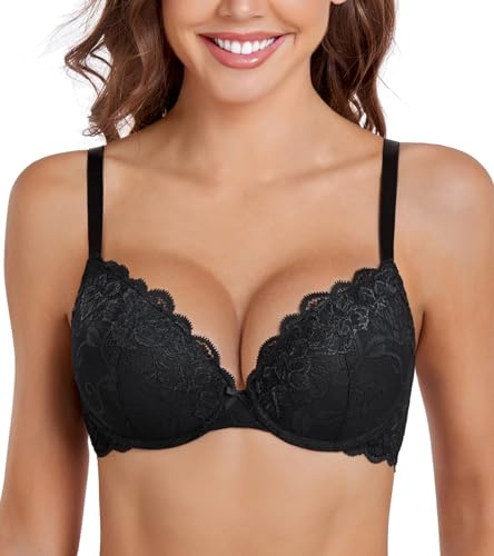 DotVol Soutien-Gorge Femme Plat avec sous-vêtements Fleurs Dentelle Bol rembourré élégant t-Back Noir 90B