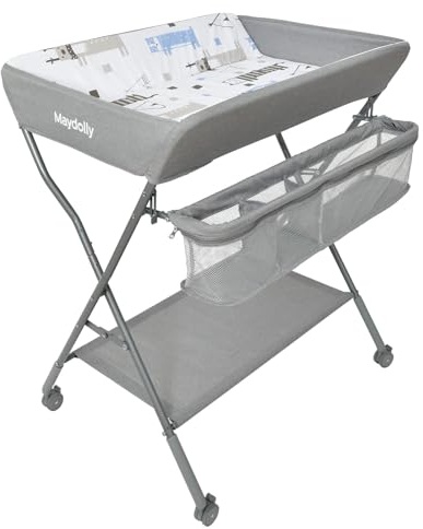 Maydolly Baby Klappbar Wickelkommode，Mobiler Wickeltisch mit Rollen und Wickelauflage,Wasserdicht und Höhenverstellbar，Baby Wickelkombi mit Ablagefächern(hellgrau)