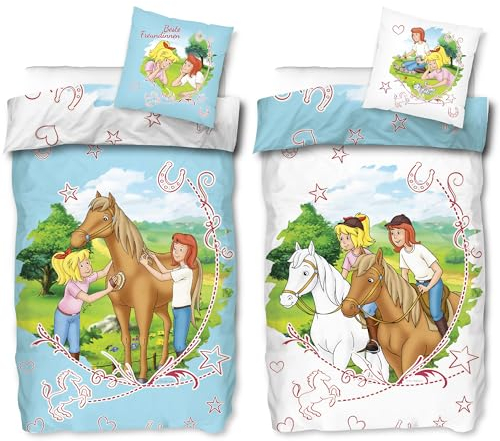 BERONAGE Bibi und Tina Kinder-Bettwäsche Sternenzauber Blau 135 x 200 + 80 x 80 cm 100% Baumwolle Biber-Flanell-Qualität Blocksberg Pferde-Bettwäsche Sabrina Amadeus Martinshof mit Reißverschluss