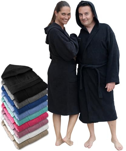 LEBENGOOD Peignoir de bain à capuche, pour femme et homme 100% coton éponge 400 g avec ceinture, poches, douche, peignoir doux, serviette