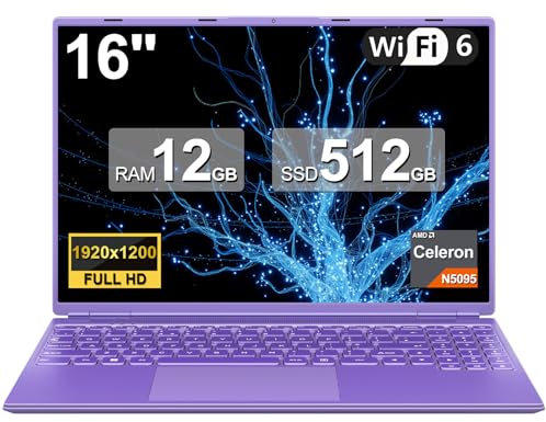 2025 Gaming Laptop 16 Zoll Win11 12+512GB SSD Unterstützung 2TB(HDD-2TB) 1920x1200 Notebook 4-Core Celeron N5095 (bis 2.9GHz) Laptop mit Nummerntastatur WiFi Mini HDMI Deutscher Tastaturschutz-Lila