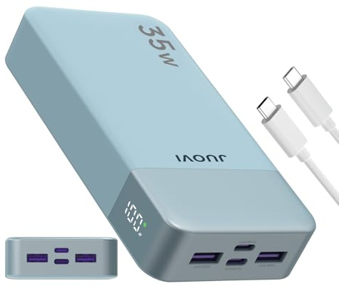 Portable Power Bank 20000mAh, JUOVI 35W Cargador portátil, batería de Carga rápida, PD3.0 QC4.0 batería Externa del teléfono con Pantalla LED para el iPhone 16 15, Galaxy, Tablet, Switch, etc (Azul)