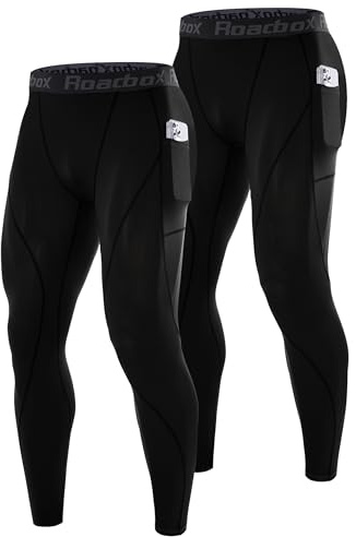 Roadbox Mens Compression Pants with Pockets, 1 or 2 Pack Athletic Running Leggings Baselayer, Lightweight Tights for Gym Basketball Yoga Cycling