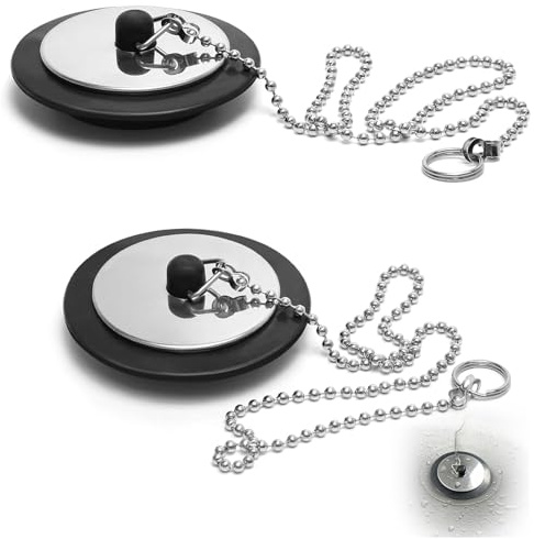 Universal Bath Plug and Chain – Bathroom & Kitchen Sink Plug Replacement 2 Pack– 43mm Black Rubber Sink Plugs Universal for UK Sinks with 40cm Stainless Steel Chain – Fits 42mm–45mm Sinks