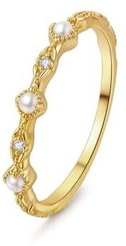 Ropartman 18K Gold Plated Pearl Rings for Women, Dainty Elegant Stackable Cubic Zirconia Thin Band, Promise Ring Wedding Band Jewelry Birthday Gifts for Women (7)