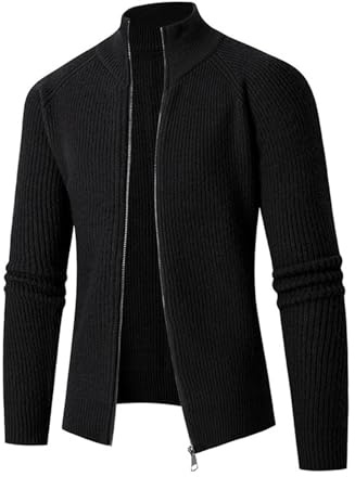 Generisch Chaqueta tradicional para hombre, cuello alto, festival, cárdigan cálido, monocolor, jersey de punto de gran tamaño, suéter sencillo, vintage, sudadera con cremallera, Negro , XXL