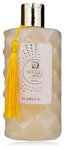 Accentra Schiuma da bagno FESTIVE EDITION Schiuma per doccia, gel doccia in bottiglia con nappa decorativa gialla, 330 ml, profumo: vaniglia, regalo per donne, Natale