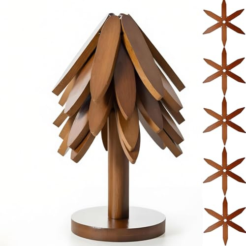 WANEBEIBAY Wooden Tree Trivets,atural Foldable Black Walnut Wooden Trivet Set,5 Trivets + 1 Stand,Foldable Kitchen Wooden Trivet,for Hot Dishes,Pot,Bowl,Teapot,Hot Pot Holder