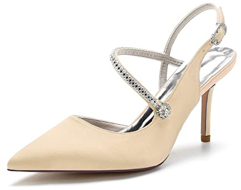 Gycdwjh Sexy Slip On Sandali con Tacco da Donna con Punta Aperta Slingback Scarpe da Sposa Cinturino alla Caviglia Stiletto Décolleté in Raso Comode,Champagne,41 EU