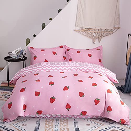Morbuy Single Duvet Cover Set - Strawberry Bedding Microfibre with 2 Pillowcases | Girls Cute Reversible | Soft Comfy Easycare | Concealed Zipper
