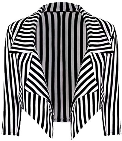 Loxdonz Women's ¾ Sleeves Stripes Print Open Front Waterfall Crop Blazer Jacket Coat (20-22, Black/White)