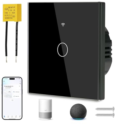 proAMEDEN Interruptor de luz inteligente WiFi 1/Gang NO NECESITA NEUTRO, panel de vidrio, interruptor táctil WiFi 2,4 GHz, control remoto Smart Life/Tuya, funciona con Alexa, Google Home, Negro[1pc].