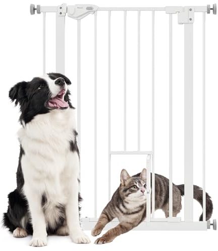 PawHut Cancellino per Cani Regolabile con Porta Piccola e Montaggio a Pressione, Barriera per Cani con Chiusura Automatica, 74-80x91.4 cm, Bianco