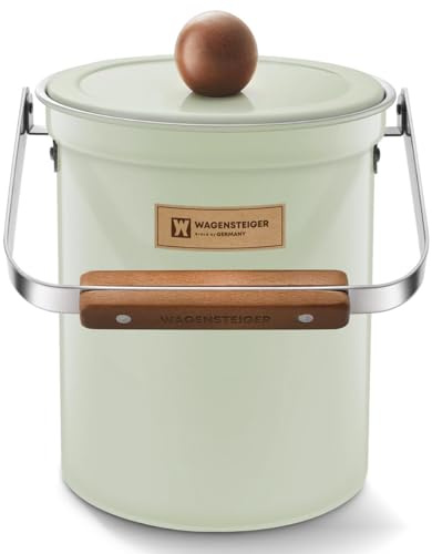 WAGENSTEIGER Kitchen Countertop Compost Bin 101Ounces / 3Liter with Airtight Lid, SUS304 Stainless Steel Odor-Free Food Waste Bin with Wooden Handle Stylish Design/Bathroon Trash Can (Mint Green)
