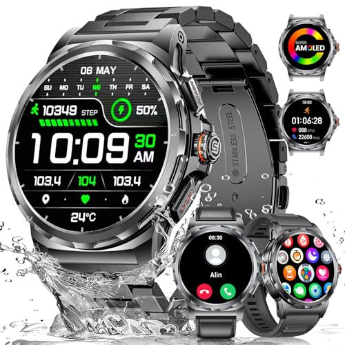 LIGE Military Smart Watch for Men(3 Straps),1.43HD AMOLED Rugged Smartwatch(Answer/Make Call) for Android iOS,Fitness Watch,Black Sport Watch with 120+ Sport Modes/IP68 Waterproof/Running/Heart Rate