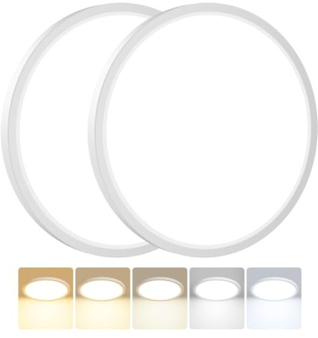 Peasur 2Pack Bathroom Light, 3000K/3500K/4000K/5000K/6500K 5 Color Temperature LED Ceiling Light, 24W 2800LM,Waterproof, Round Flush Ceiling Light for Bathroom, Kitchen, BedroomØ33CM(White)